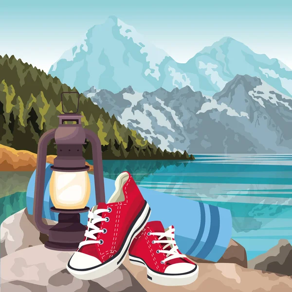 Hermoso paisaje de montañas con linterna y zapatos rojos, diseño colorido — Vector de stock