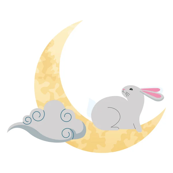 Conejo en la luna con nube — Vector de stock