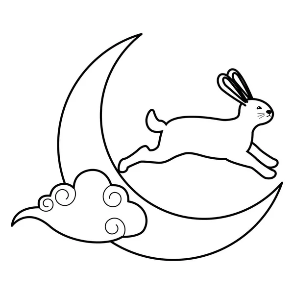 Кролик на луне с облаком в черно-белом — стоковый вектор