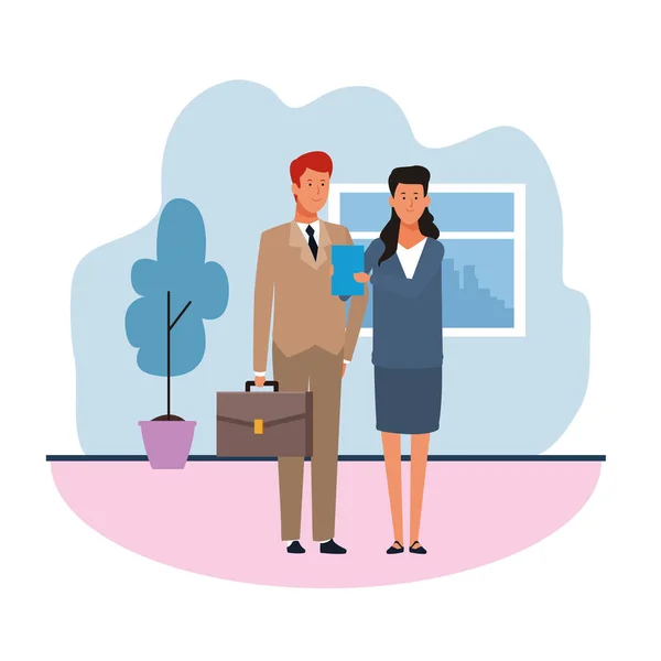 Cartoon businessman and woman in the office, colorful design — 스톡 벡터