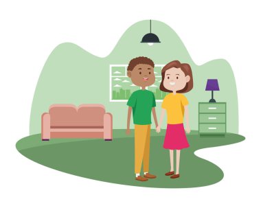 Oturma odasındaki genç çift karakterleri