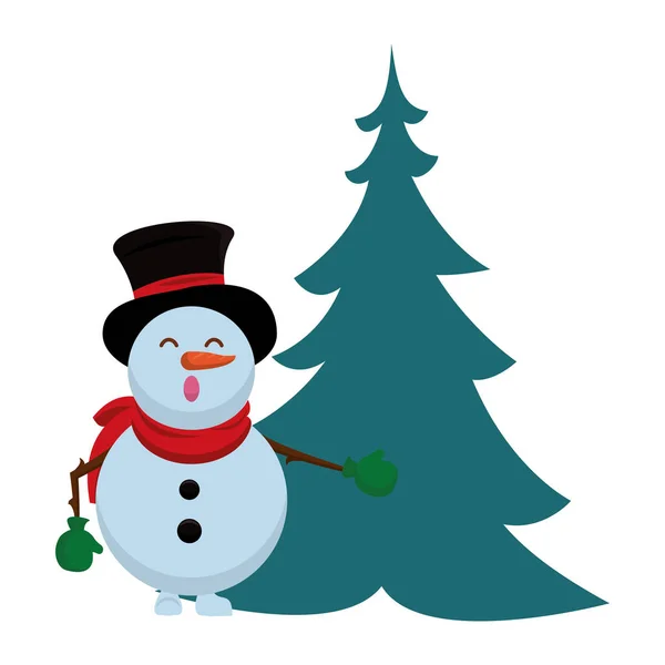 Çam ağacıyla mutlu noeller kardan adam — Stok Vektör