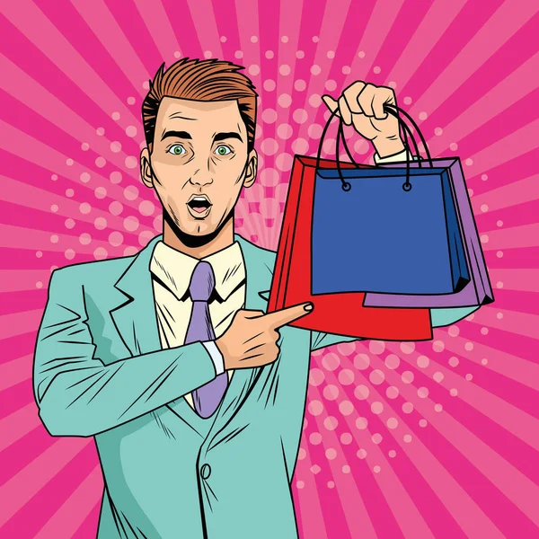 Elegante hombre de negocios con bolsas de compras estilo pop art — Vector de stock