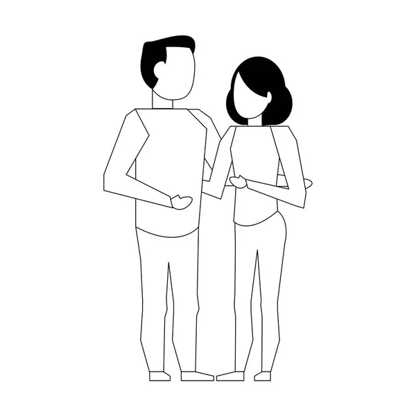 Coppia amore giovane relazione cartone animato in bianco e nero — Vettoriale Stock