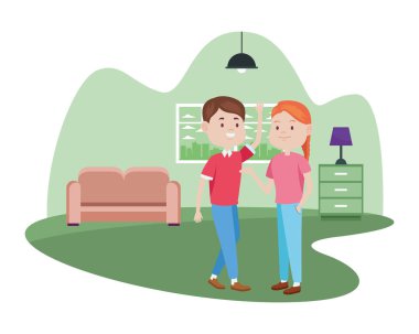 Oturma odasındaki genç çift karakterleri