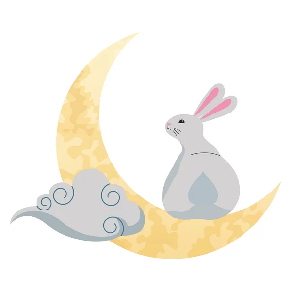 Conejo en la luna con nube — Vector de stock