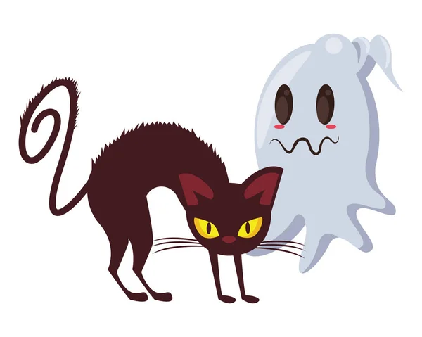 ハロウィン猫のマスコットとゴースト — ストックベクタ