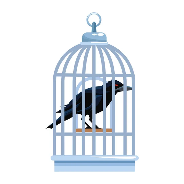 Oiseau corbeau noir halloween avec cage — Image vectorielle