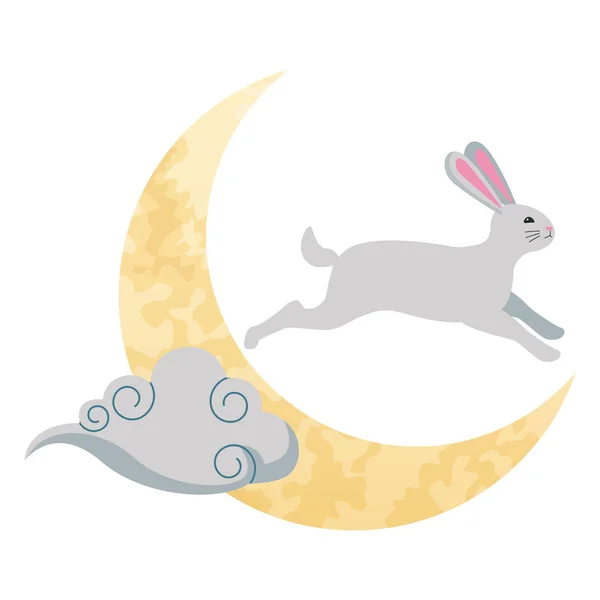 Conejo en la luna con nube — Vector de stock