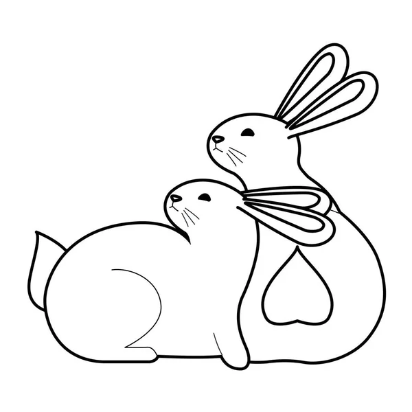 Cute two rabbits animals cartoons in black and white — Stock Vector