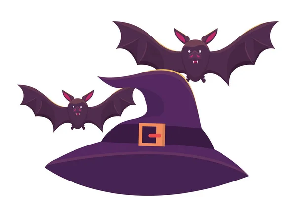 Murciélagos de Halloween volando con sombrero de bruja — Archivo Imágenes Vectoriales