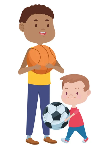 Joven padre con hijo jugando fútbol — Vector de stock