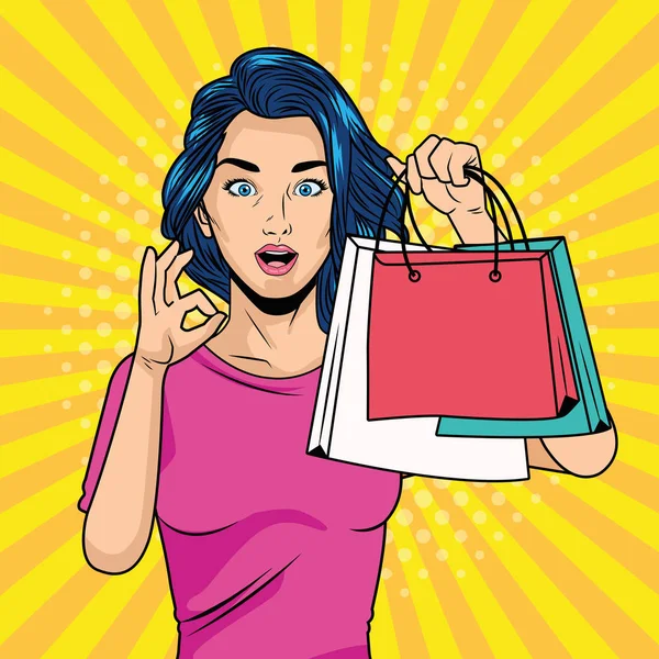 Chica joven con bolsas de compras pop art estilo carácter — Vector de stock