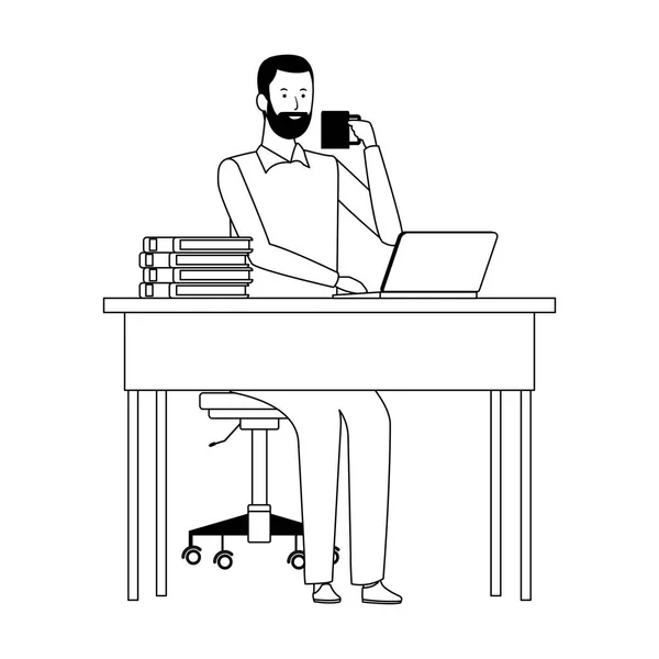 Homme d'affaires dessin animé à une icône de bureau, design plat — Image vectorielle