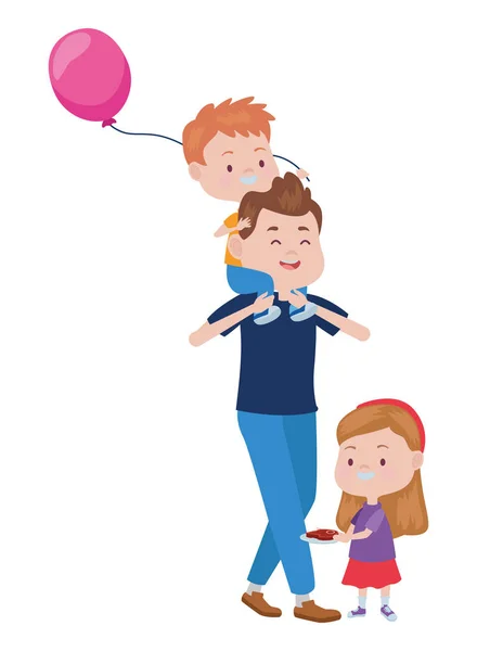 Jeune père avec enfants et ballon hélium — Image vectorielle