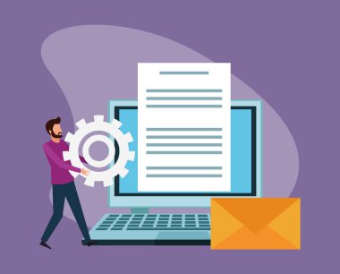 dizüstü bilgisayar ve zarf. Elinde vites kutusu olan adam.