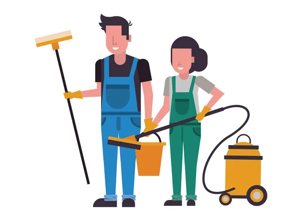 Housekepping workers couple with equipment characters — Stock Vector