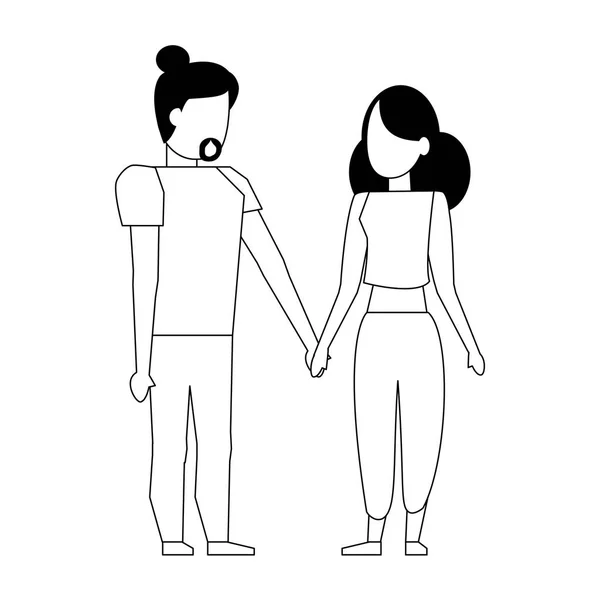 Casal amor jovem relacionamento desenhos animados em preto e branco —  Vetores de Stock