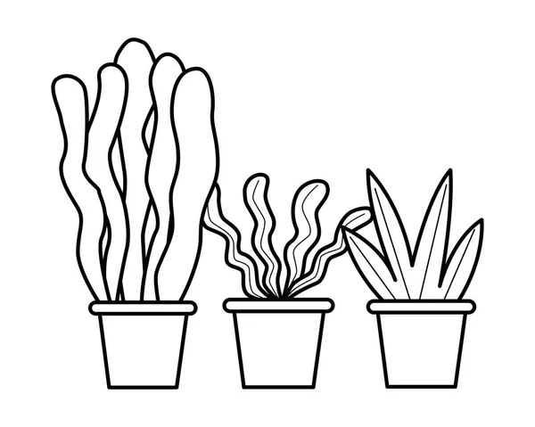 Ensemble décoratif de pots de plantes dessins animés en noir et blanc — Image vectorielle