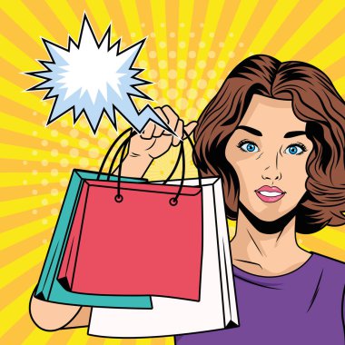 Alışveriş torbaları ve konuşma balonu olan kız pop sanatsal karakter
