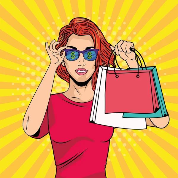 Chica joven con bolsa de compras y gafas de sol estilo pop art — Vector de stock