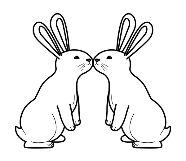 Schattige twee konijnen dieren cartoons in zwart-wit — Stockvector