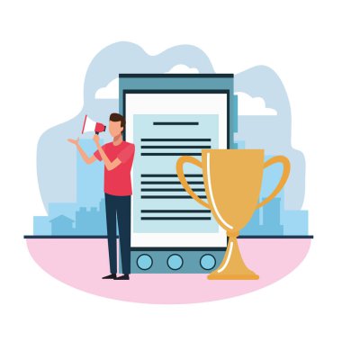 akıllı telefon ve kupa ve avatar işadamı megafon kullanıyor.