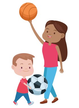 Sevimli anne ve oğlu basketbol oynuyor.