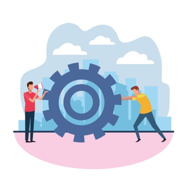 Megafonlu Avatar Adam ve dişli tekerlek iten adam