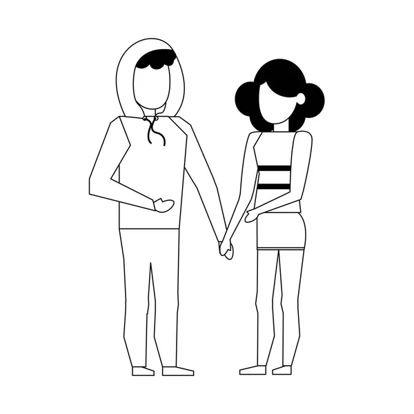 Coppia amore giovane relazione cartone animato in bianco e nero — Vettoriale Stock