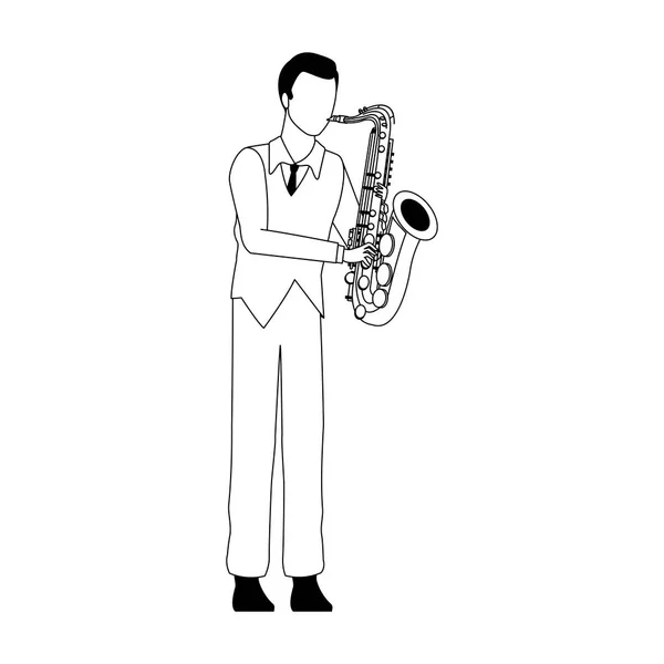 Músico de dibujos animados con instrumento de trompeta, diseño plano — Vector de stock
