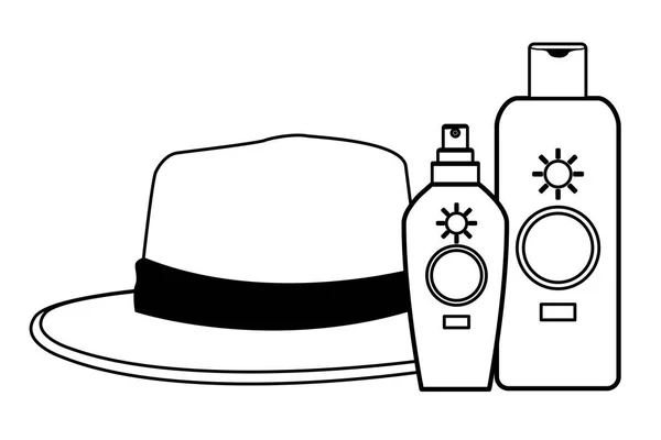 Letni kapelusz i bronzer słońce butelki w czerni i bieli — Wektor stockowy