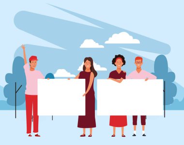 Karikatür gençleri parkta boş posterlerle protesto ediyor, renkli tasarım.