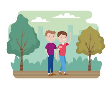 Genç erkekler sahadaki karakterlerle arkadaş olur.