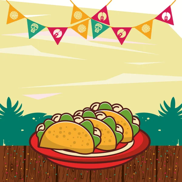 Délicieux tacos nourriture mexicaine avec des guirlandes — Image vectorielle