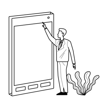 İdari işadamı ve siyah-beyaz büyük akıllı telefon.