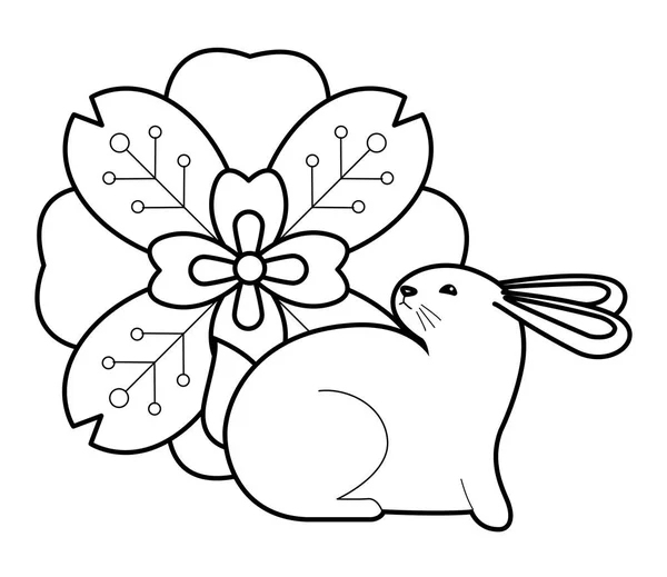 Schattig konijn en bloem cartoon in zwart-wit — Stockvector