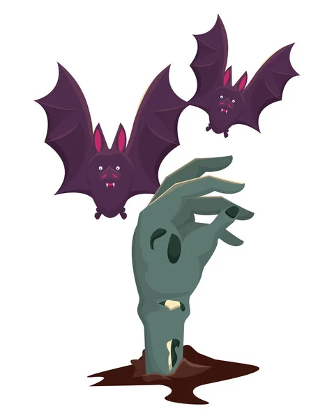 Halloween bats flying with hand zombie — 스톡 벡터