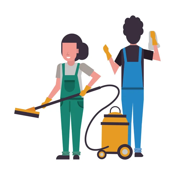 Housekepping workers couple with equipment characters — 스톡 벡터