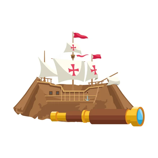 Antique caravel ship with map paper and telescope navigation — Stock Vector