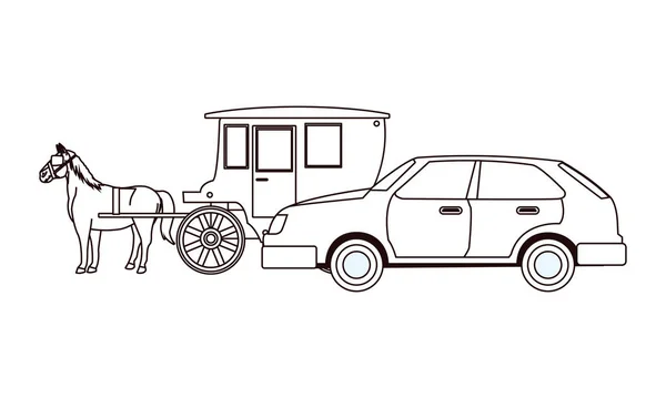 Bilar och hästvagnar fordon i svart och vitt — Stock vektor