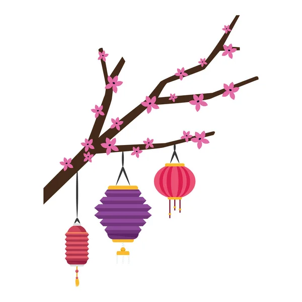 Ветвь цветущего дерева с иконкой китайского фонаря, красочный дизайн — стоковый вектор
