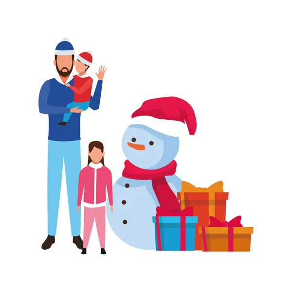 Avatar Mann mit kleinen Kindern und Weihnachtsschneemann — Stockvektor