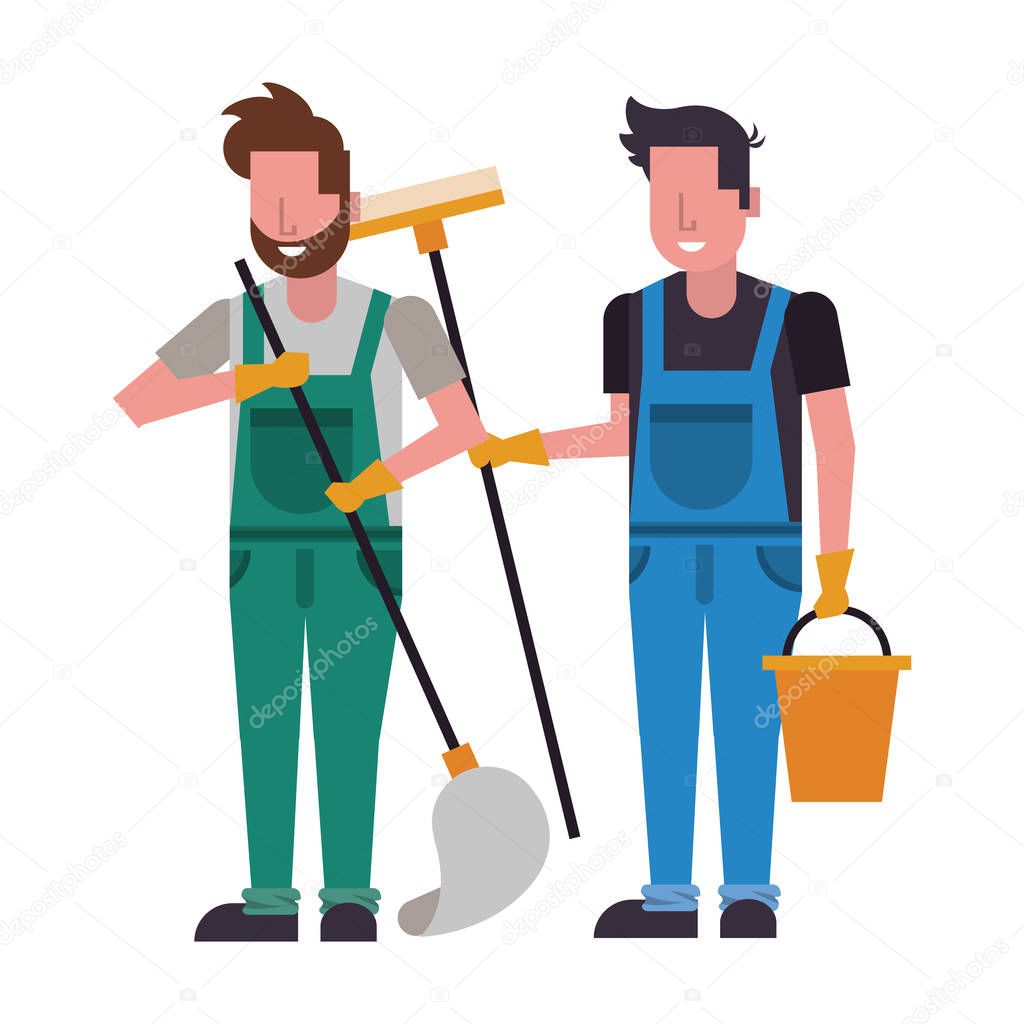 housekepping male workers with equipment characters