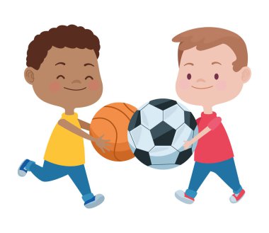 Futbol ve sepet balonları olan şirin çocuklar.