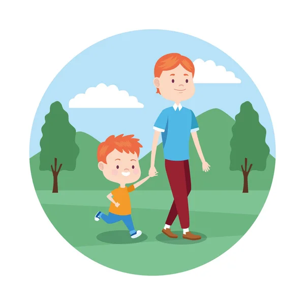 Dibujos animados padre e hijo en el parque, diseño colorido — Vector de stock