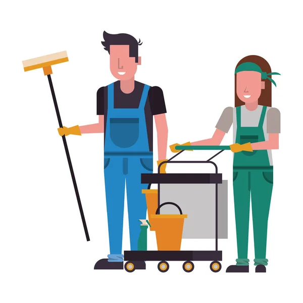 Housekepping workers couple with equipment characters — ストックベクタ