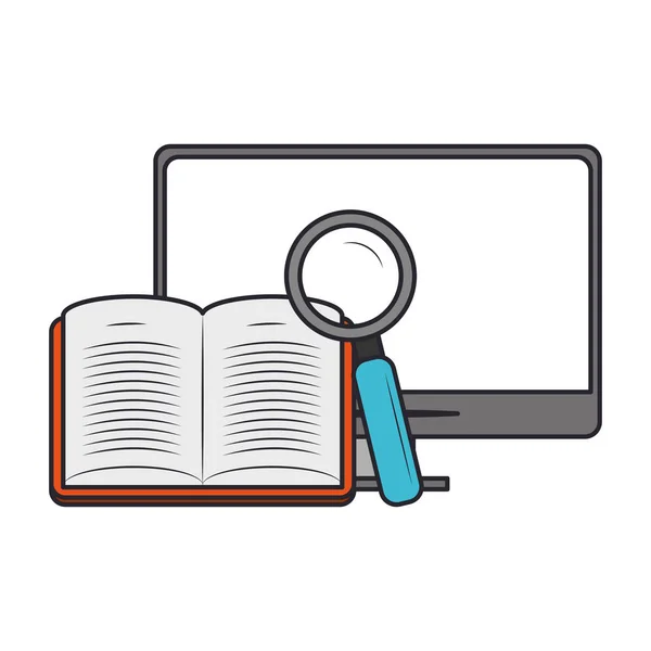 Computer with book and magnifying glass — Stock Vector