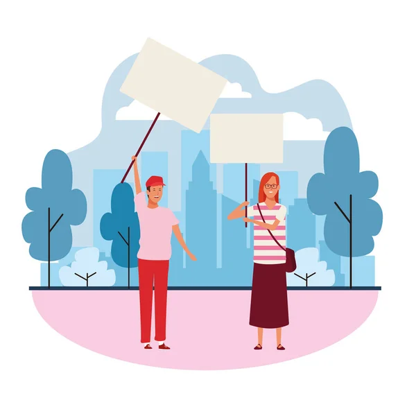 Cartoon man en vrouw met blanco posters, kleurrijk ontwerp — Stockvector