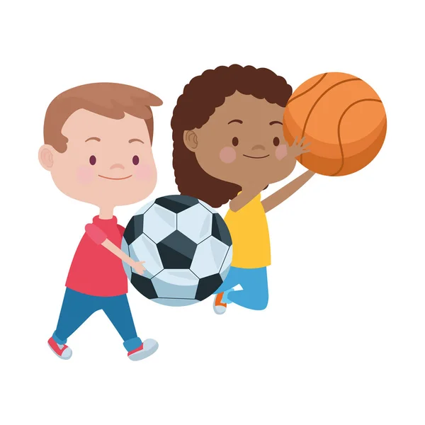 Lindo niños jugando fútbol y baloncesto personajes — Vector de stock